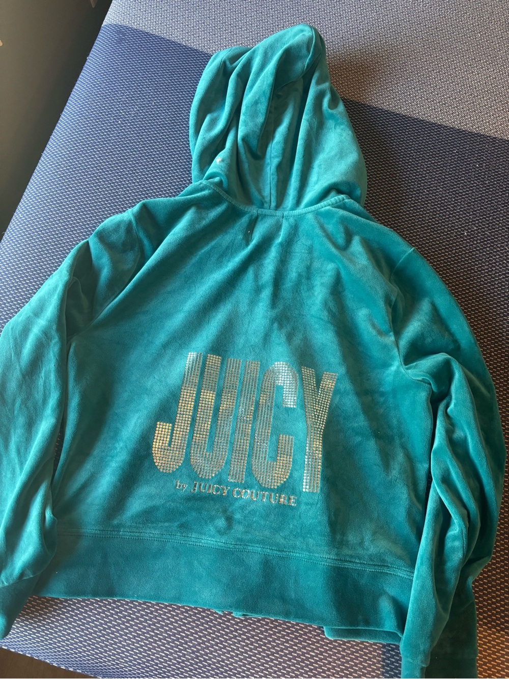 Juicy Couture Teal Velour Hooded Sweatshirt with Rhinestone Logo